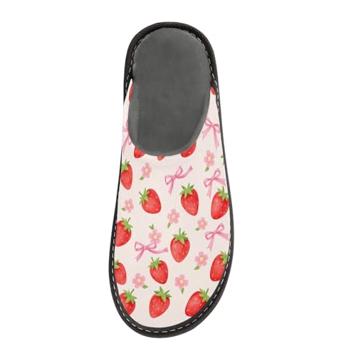 Slippers for Women Pink Bow Flowers Red Strawberry Pattern Soft Winter Warm Shoes Indoor Outdoor Non-Slip House Travel Slippers3