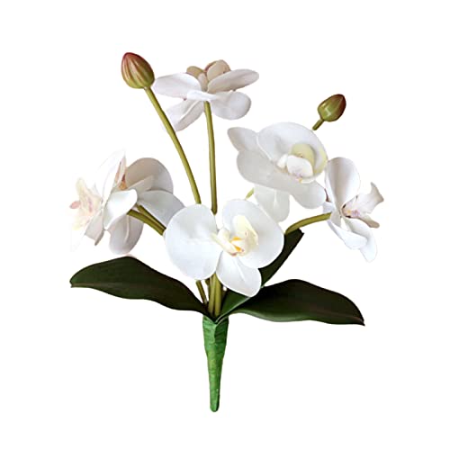 Fictory Orquídea blanca Phalaenopsis de 6 cabezas, flores artificiales, orquídeas falsas de plástico realistas con hojas, decoración del hogar, arreglo floral para centro de mesa y decoración de boda