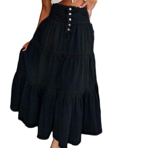 Yoawdats Women's High Waist Long Denim Skirt Button Tiered Ruffle Swing Flare Midi Skirts A-Line Jean Maxi Skirt
