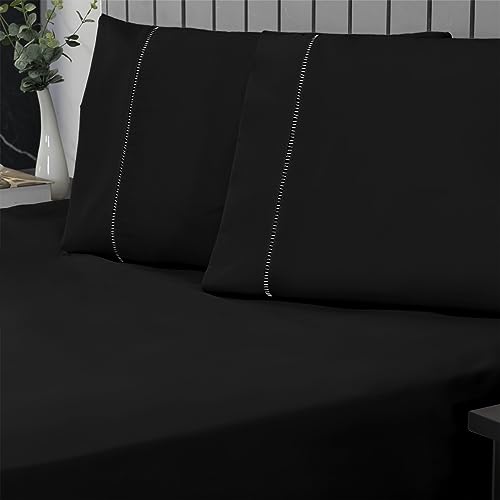 Jogo de Cama Casal Percal 400 Fios Ponto Palito 03 Peças, Antiácaro, Anti-pilling com Toque Macio - Preto