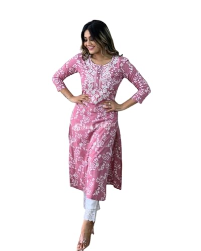 Image of Women Rayon Embroidered Straight Kurti (Pink & White) LD-110-Pink Kurt
