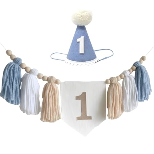 1st Birthday Decorations for Baby Boy Blue Handmade High Chair Banner with Cone Hat for Boy First Birthday Wall Hangings Decorations by E0EHOHC - Used condition - US$14.39