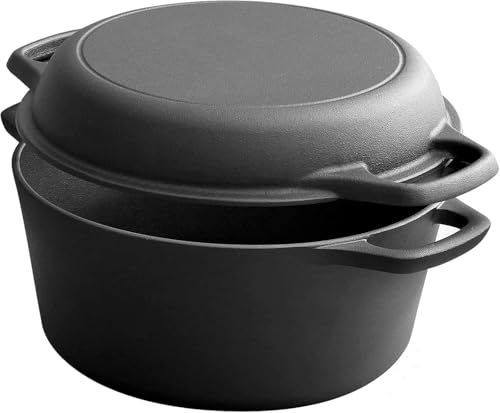MOTIM 2-in-1 26cm Pre-Seasoned Cast Iron Dutch Oven Pot with Dual Handles Indoor Outdoor for Bread Frying Baking Camping BBQ