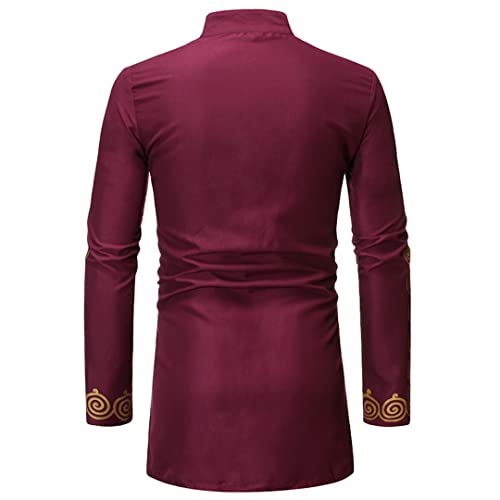 Fashion Muslim Shirt Men Saudi Style Arabian Robe Casual Loose Fit Thobe Abaya Robe Arab Kaftan Dress Long Sleeve Outfit Shirts Wine Red L2