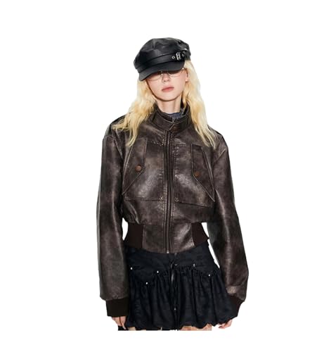 Mkjuuior Chaqueta corta de primavera desgastada impermeable de piel sintética con cremallera para mujer, marrón, XS