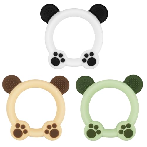 Image of Meartchy 3 Pack Baby Teether, Bear-Shaped Silicone Teething Toys for Infants 0-24 Months, BPA-Free Chew Toys to Soothe Sore Gums (White & Green & Yellow)