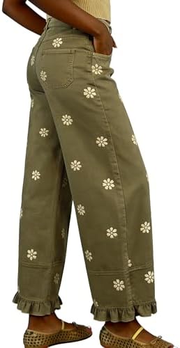 utcoco Barrel Jeans Women 2026 Floral Print Wide Leg Jeans Y2k Patchwork Baggy Boyfriend Denim Pants (Medium, Army Green Floral) - 3