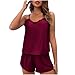 Pajama Sets for Women Solid Strap Tank Tops Shorts Sleepwear Suits Casual Ruffles Camisole Fashion Comfort Pajamas Wine