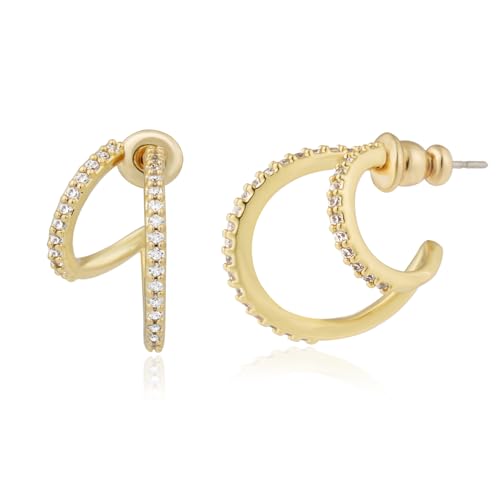 Image of Obidos 14K Gold Plated Illusion Stud Earrings for Women | Triple Huggie Hoop Earrings for One Hole| Trendy Simple Hypoallergenic Fashion Accessories Gold Jewelry Gifts for Womens