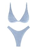 ZAFUL Women's Triangle Bikini Sets Textured Plunging High Cut Cheeky Swimsuit Two Piece Bathing Suits (Light Blue, M)