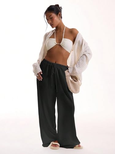 Image of RoseSeek Women's Wide Leg Linen Pants Mesh Beach Cover Up Vacation Outfits | Loose Fit, Soft Breathable Fabric, Beach Summer Outfits, Festival Resort Wear, Palazzo Beach Pants