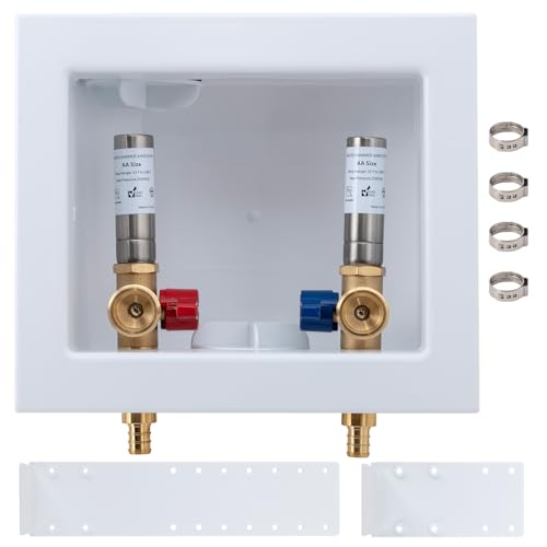SUNGATOR Washing Machine Laundry Outlet Box, Washer Water Valve Wall Box with Center Drain, 1/2 Inch Pex Crimp Inlet x 3/4 Inch MHT Outlet, with Stainless Steel Water Hammer Arrestor and 4 Crimp Rings
