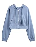 Yimoon Zip Up Hoodie Women Cropped Casual Sweatshirts Workout Long Sleeve Drawstring Hooded Jacket Crop Tops (Blue, Medium)