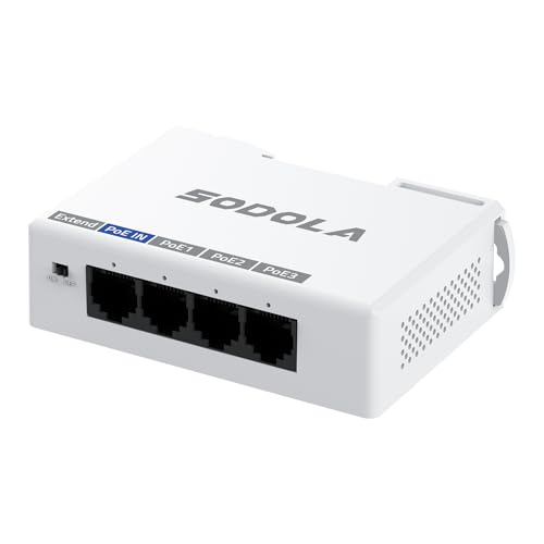 Image of Sodola 4 Port 100M PoE Extender, 1 PoE In and 3 PoE Out, IEEE 802.3 af/at 30W PoE Repeater with 10/100Mbps, Wall Mount and Din-Rail Mount PoE Passthrough Switch