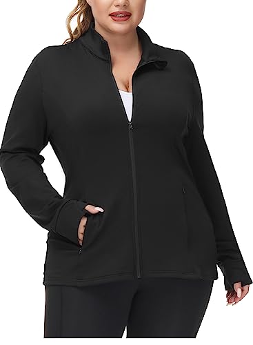 Hanna Nikole Womens Full Zip Up Running Jackets Plus Size Workout Athletic Jacket With Pockets Black 18W #TOP19