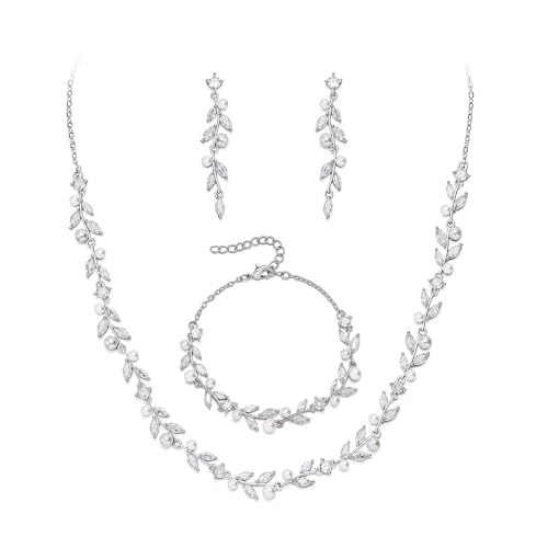 Image of EVER FAITH Cubic Zirconia Pearl Leaf Bridal Jewelry Set for Bride Women