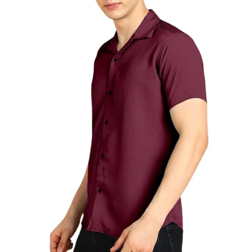 Image of COMBRAIDED Men's Solid Cotton Blend Half Sleeve Shirt - Regular Fit Casual Button-Down Shirt for Office & Travel - Summer & Spring