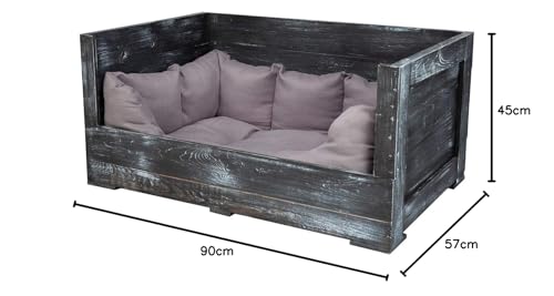 Kistenkolli Altes Land Hundebett Balu aus Holz mit Kissen 90x57x45cm Hundekorb Hundekissen Schlafplatz Vintage Hundesofa draußen Outdoor hundelounge Bett (90x57x45cm, Shabby Schwarz)