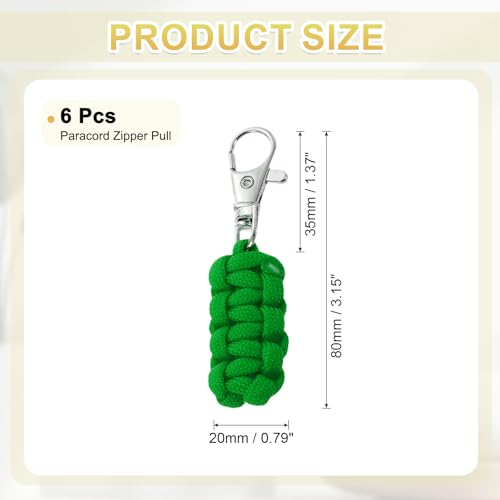 Image of YELARXI Paracord Zipper Pull Polyester Zipper Pulls Replacement Woven Rope with Metal Clasp, 80 mm Length Fit for Backpacks Clothing Luggage Accessories - Cylinder (6 Pack, Green)