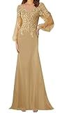 Mother of The Bride Dresses Long Sleeves Formal Evening Gowns Laces Appliques Wedding Party V-Neck Prom Dress Gold