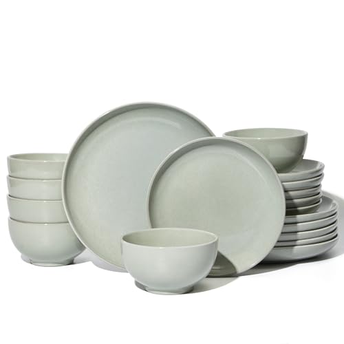 Image of Pokini 18 Piece Dinnerware Set for 6, Reactive Glaze Terracotta Plates and Bowls Set, Large Family-Sized Stoneware Dish Set for Gatherings, Chip and Scratch Resistant, Slate Green