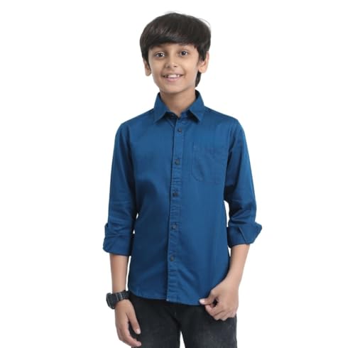 Image of Red Nine Rocket Science Boys' Solid Satin-Finish Poly Cotton Shirt | Single Pocket, Spread Collar, Long Sleeve, Casual