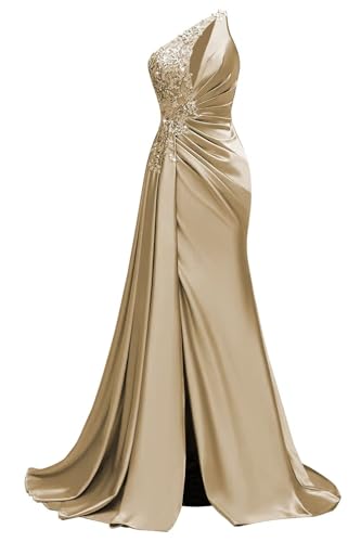 Satin Prom Dresses One Shoulder Formal Dress Beaded Mermaid Evening Party Dresses