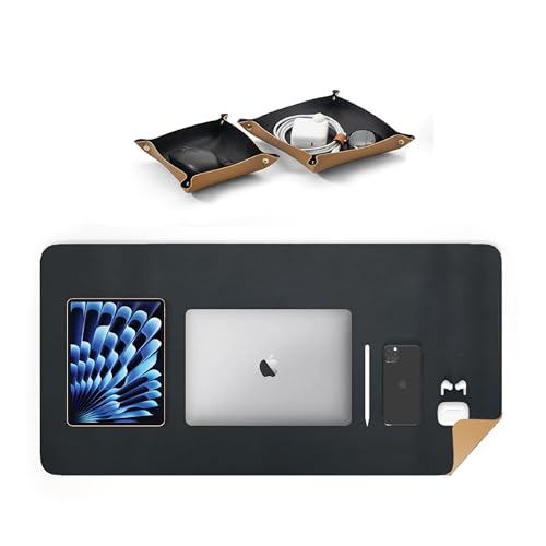 Image of Bellblock Large Extended Desk Mat /Mouse Pad /Gaming Mouse Pad | Vegan PU Leather | Anti-Skid, Non-Skid, Reversible Splash-Proof | Blue & Tan | 90cm x 45cm (Pack of 1) (DM2, 90 x 45cm Combo)