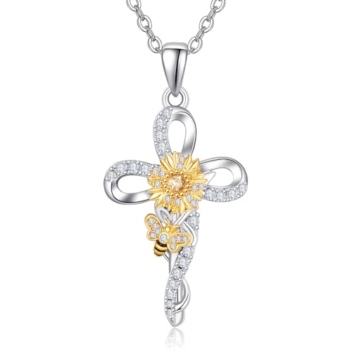 Image of KINGWHYTE Daisy Necklace 925 Sterling Silver Infinity Cross Pendant Daisy Bee Necklace Jewellry Birthday Anniversary Christmas Gifts for Women