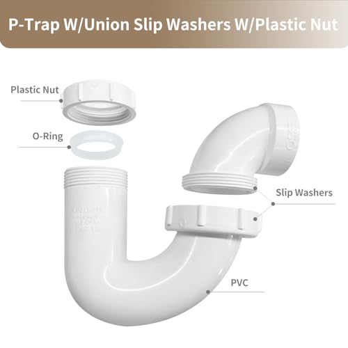 Image of LESSO P Trap PVC 1-1 /4 x 1-1 /2 Inch for RV Drain | Bathroom Kitchen Sink Drain Pipe Tubular Kit with Threaded Adapter Ring Plastic Nut (Slip x H)