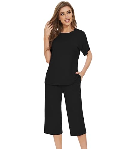 Pyjama en viscose de bambou anti-transpiration pour femme avec pantalon capri noir L