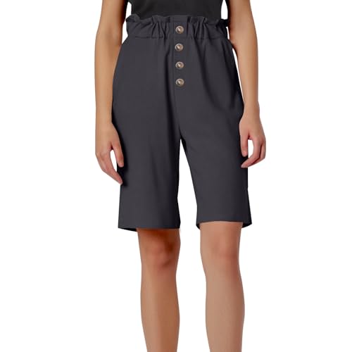 Pantalones Cortos Mujer Cargo Pantalones Cortos Cintura Elástica Volantes Plisados Casual Verano Ligero Al Aire Libre Senderismo Pantalones Cortos Algodón Lino con Bolsillos, gris, S