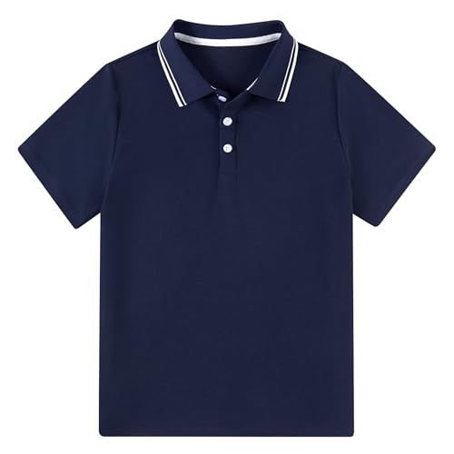 Image of ALISISTER Boys School Uniform Polo Shirt Kids Short Sleeve Plain Polo Top Summer Casual Shirts 11-12 Years Navy Blue