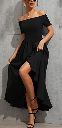 Image of Kormei Women Short Sleeve Off Shoulder Floral High Low Flowy Summer Party Long Maxi Dress XL Black