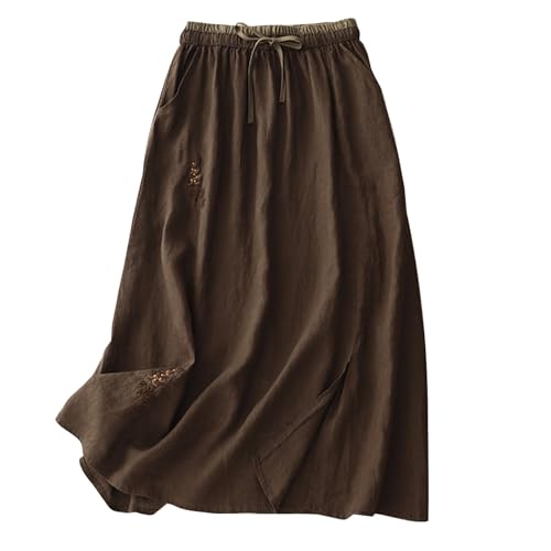 Flodxo Baumwoll-Leinen-Rock für Damen, Sommer, A-Linie, Maxi-Röcke, elastische Taille, Boho, lange Röcke, Y2K, Retro, Vintage-Stickerei,...