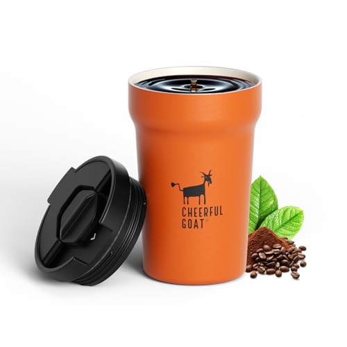 CHEERFUL GOAT Insulated Coffee Mug – Stainless Steel Travel Coffee Tumbler with Ceramic Liner, 12oz Coffee Cup for Hot and Cold Water Coffee at Home, Office, or On the Go (orange)