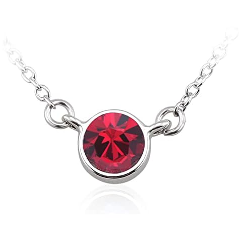 UPSERA Silver-Tone Created Round Cut Ruby Birthstone Pendant Necklace (July), 16.7” + 2” Extender Cover