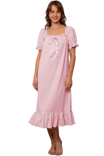 Nanxson Damen Baumwolle Nachthemd Vintage Viktorianischen Prinzessin Stil Nachtwäsche Kurz/Lange Ärmel Nachtkleid (XXL,Kurzarm Rosa)