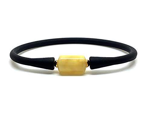Natural Baltic Amber Bracelet Yellow Barrel Shape Bead, Black Rubber Band