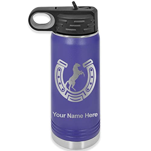 LaserGram Personalized Water Bottle, Horseshoe with Horse, Stainless Steel Double Wall Vacuum Insulated with Flip Top Straw, Custom Engraved Gift (20oz / 590ml Dark Purple)