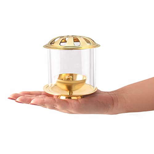 Image of Klassic Combo of Big Akhand Diya with Navjyoti Small Akhand Diya with Borosilicate Glass Shade for Mandir with Glass Cover Cylindrical Brass Diya