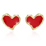 VIENNOIS Tiny Red Heart Studs Earrings,Minimalist Red Love Heart Earrings for Women Girls Statement