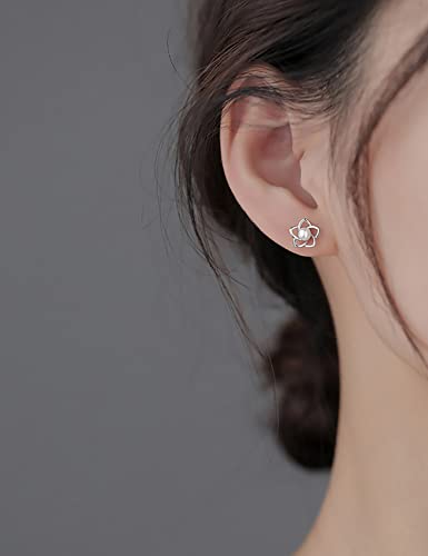 Reffeer 925 Sterling Silver Small Pearl Flower Earrings Studs for Women Teens Unique Petite Flower Studs Earrings2