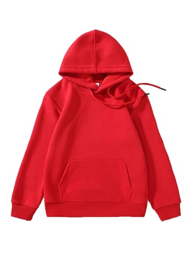 Kids Boys Girls Solid Color Pullover Hoodie Long Sleeve Drawstring Athletic Sweatshirts Hooded with Pocket Red 13-14