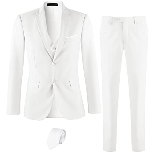 Men's Slim Fit 3 Pieces Suit, 2 Buttons Ivory White Blazer Vest Pants With Tie Set, Business Wedding Tuxedo L #TOP7