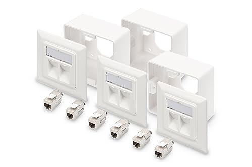 DIGITUS Set: 2-Port Netzwerkdose – 3 Stück – Mit 6x Cat6A Keystone-Modul – Auslass 45° Gewinkelt – Mit Rahmen zur Aufputzmontage – Weiß