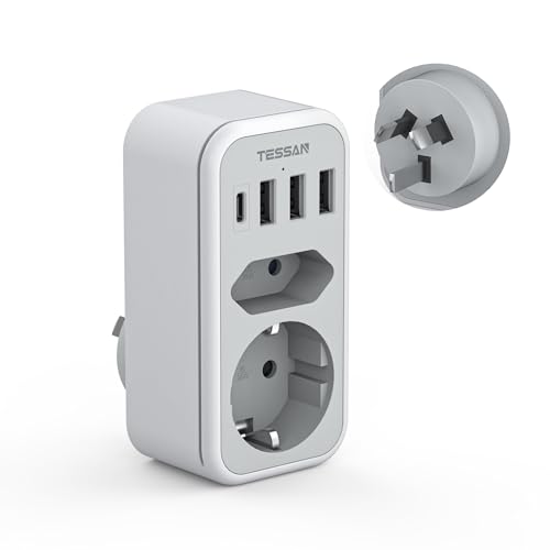 TESSAN Adaptador Enchufe Australia, 6 en 1 Adaptador Enchufe Argentina con 1 USB C y 3 USB A, Adapter Australiano 2500W, Adapter Tipo I para Australia, Argentina, Nueva Zelanda