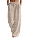 LOMON Palazzo Pants for Women Casual Wide Leg Linen Summer Flowy Pants Beach Vacation Clothes Boho Lightweight Trousers with Pockets (Khaki, L)