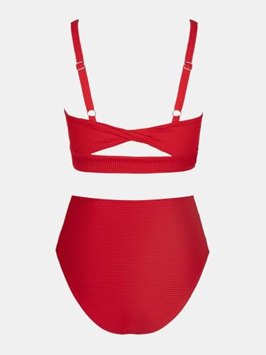 Image of CUPSHE Women's Tummy Control High Waisted Bikini Set Textured Bathing Suit | Removable Soft Cups, Ruched, Adjustable Wide Straps, Ribbed Texture, Twist Back Detail, Full Coverage, Sporty, Beach Vacation