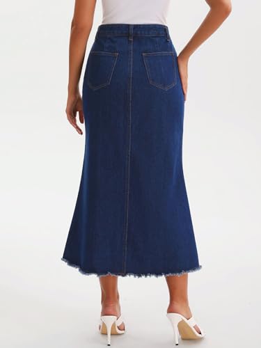 Women Denim Skirt Maxi A Line High Waisted Raw Hem Casual Jean Skirt4